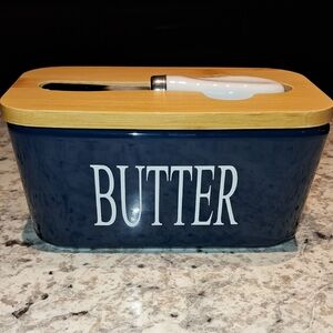 NEW! Blue Porcelain Butter Dish with Bamboo Lid And Knife